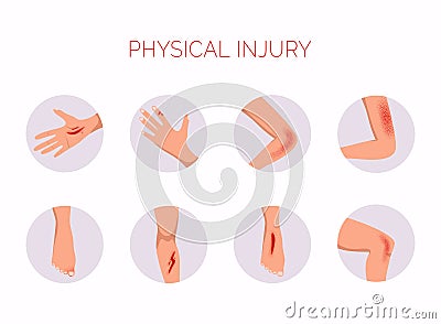 Human body physical injury round flat set. Open cut wounds and elbow bruise Vector Illustration