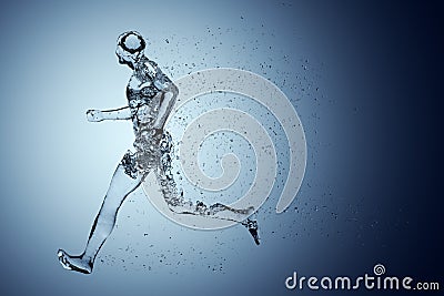 Human body shape of a running man filled with blue water on blue gradient background - sport or fitness hydration, healthy Cartoon Illustration