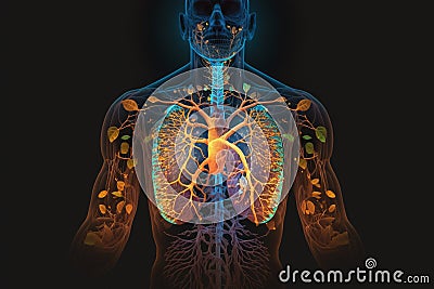 Human body with transparency, featuring bioluminescent lines that highlight the organs, particularly the lungs and upper torso. Ai Stock Photo