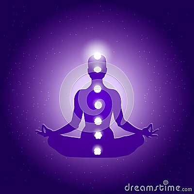 Human body in yoga lotus asana and seven chakras symbols on dark blue purple starry background Stock Photo