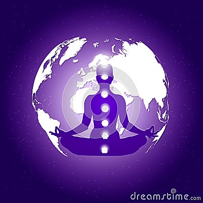 Human body in yoga lotus asana and seven chakras symbols on dark blue space with planet Earth and stars background Stock Photo