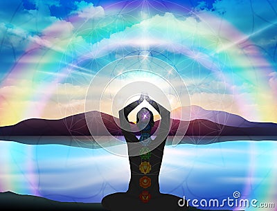 Human body yoga, meditation, chakra spiritual energy healing, flower of life Stock Photo