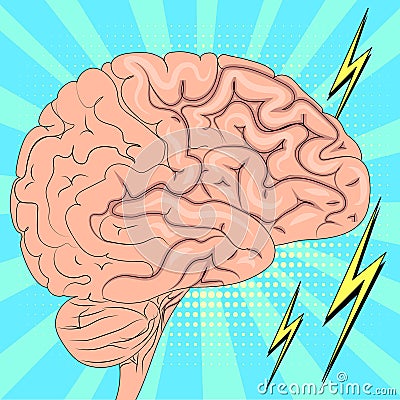 The human brain is actively working. Pop art background. Imitation of comics style. Vector Vector Illustration