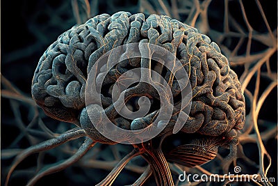 Human brain against background of neural connections, nerves, impulses. Generative AI Stock Photo