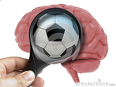 Human Brain Analyzed with magnifying glass Soccer ball or football ball addiction inside isolated Stock Photo