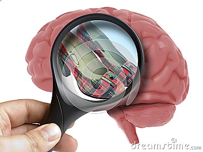 Human Brain Analyzed with magnifying glass women shoes inside addiction isolated Stock Photo