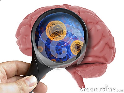 Human Brain Analyzed with magnifying virus bacterial microbe inside isolated Stock Photo