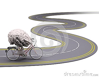 Human brain with arms and legs on bicycle on the road Cartoon Illustration