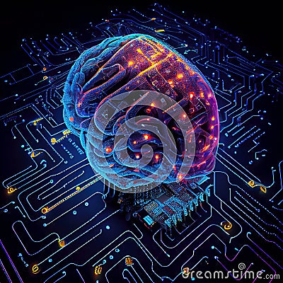 Human brain as microchip and connected to computer concept made with generative AI Stock Photo