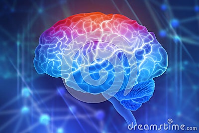 Human brain on a blue background. Active parts of the brain. Creating a computer mind Cartoon Illustration