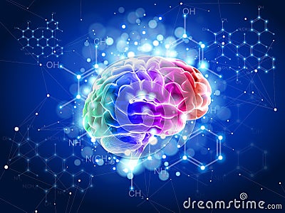 Human brain on a blue technological background Vector Illustration