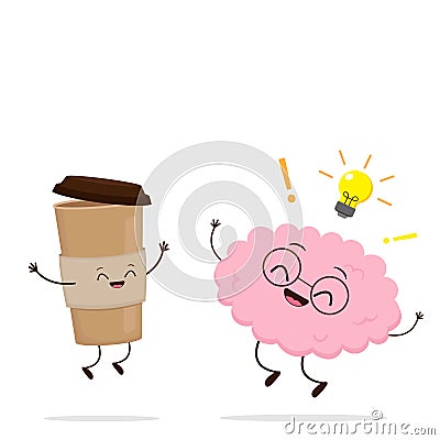 Human brain character with paper coffee cup Vector Illustration