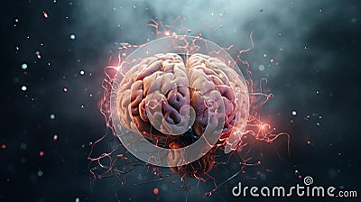 Human brain combined with Artificial Intelligence through wiring Stock Photo