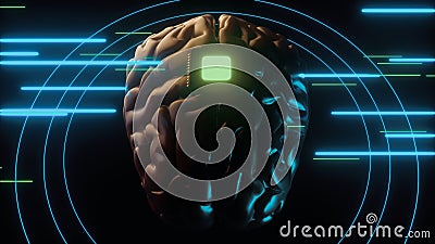 Human brain with computer chip. Neuro interface and machine learning 3d render Stock Photo