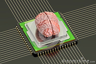 Human brain with cpu computer processor, artificial intelligence Stock Photo