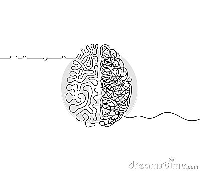 Human brain creativity vs logic chaos and order a continuous line drawing concept, organised vs disorganised Vector Illustration