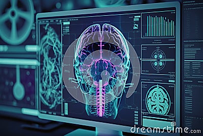 Human brain digital scan, Electrical activity. Generative AI Cartoon Illustration