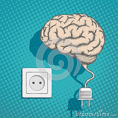 Human brain with an electrical plug and socket. Vector Illustration