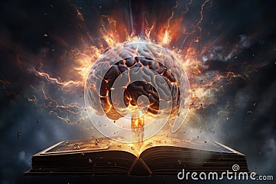Human brain exploding over open book - AI Generated Stock Photo
