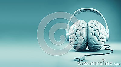 Human brain with headphone and USB port , connected to the internet, education and social media concept, intelligent mind Stock Photo