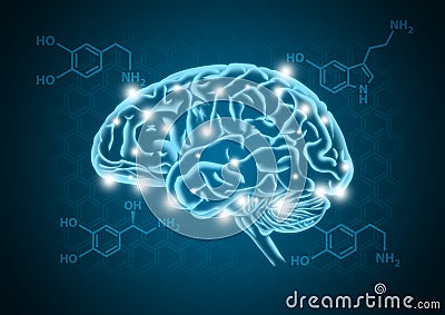 Human brain illustration with hormone biochemical concept background Cartoon Illustration