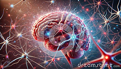 Human brain with intricate neural networks, highlighting the connections and pathways that enable cognition, memory, and Cartoon Illustration