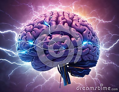 Human Brain With Lightning Flashes, Abstract Background Stock Photo