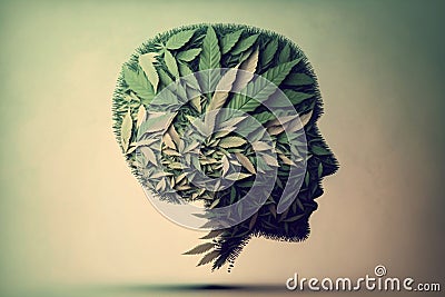 human brain made of hemp (medical marijuana, cannabis) leaves. generated by AI Stock Photo