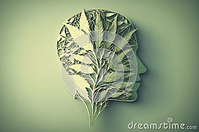 human brain made of hemp (medical marijuana, cannabis) leaves. generated by AI Stock Photo