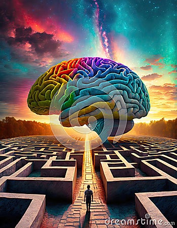 The human brain maze concept. Surreal scene of a person in front of a labyrinth and a colorful mind open a new way through in the Cartoon Illustration