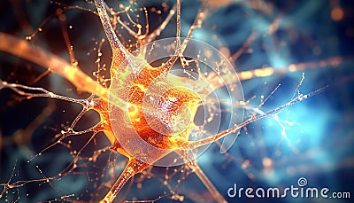 Human brain, nerve cell, synapse, cancer cell, magnification, communication, research generated by AI Stock Photo
