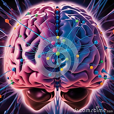 Human Brain with Psychedelic Neural Networks Artificial Consciousness, Cognitive Cohesion, and Deep Learning Cartoon Illustration