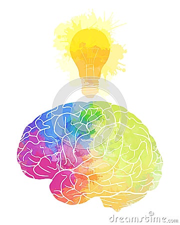 Human brain with rainbow watercolor splashes and a light bulb Vector Illustration