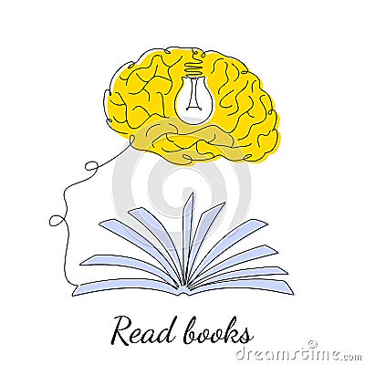 The human brain receives knowledge and information through a book and turns on the light bulb of consciousness Vector Illustration