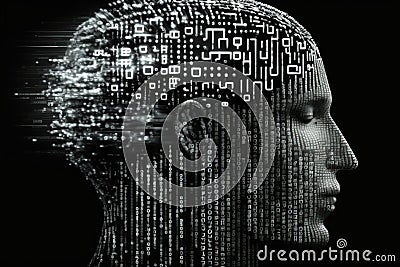 Human brain in a stream of digital codes. Artificial intelligence. Generative AI Stock Photo