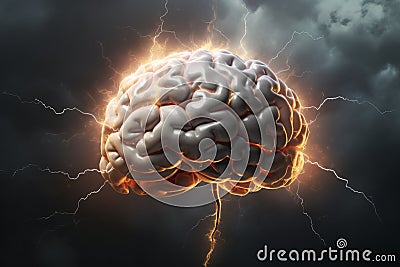 Human Brain Struck by Lightning, Symbolizing the Intense Struggle of Stress and Burnout. Ai generated Stock Photo