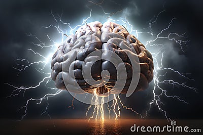 Human Brain Struck by Lightning, Symbolizing the Intense Struggle of Stress and Burnout. Ai generated Stock Photo