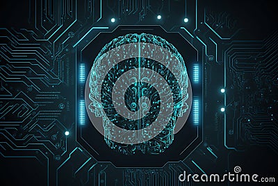 Human brain on technology background, artificial intelligence and cyber space concept. Image is AI generated. Wired brain Cartoon Illustration