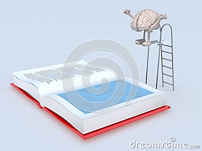 Human brain on trampoline dip in the book Cartoon Illustration