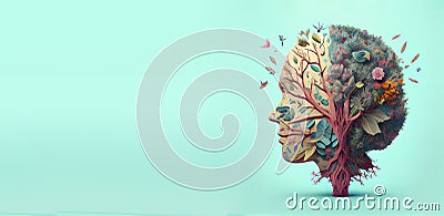 Human brain tree with flowers and leaves, self care and mental health concept, positive thinking, creative mind, generative AI Stock Photo