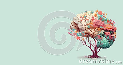 Human brain tree with flowers, self care and mental health concept, positive thinking, creative mind, generative AI Stock Photo