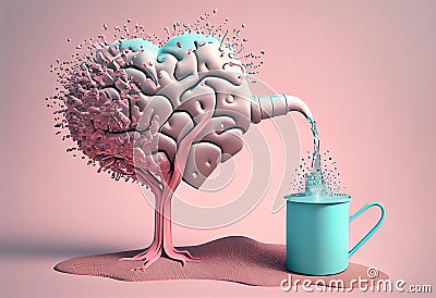 Human brain tree in heart shape pouring water into a cup, mental health concept, love and emotion, positive attitude, creative Stock Photo