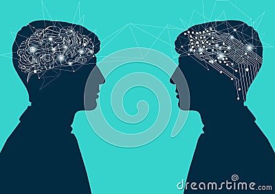 Human brain versus cyber brain. artificial intelligence connection with the human mind, concept. Vector Illustration