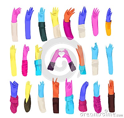 Human bright colored hands with collection of signs and hand gestures - ok, love, greetings, waving hands. Man and woman Vector Illustration