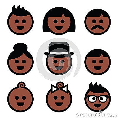 Human brown, dark skin color icons set Vector Illustration