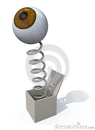 Human brown eye comes out of a box with a spring Cartoon Illustration