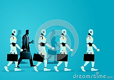 Human businessman amidst a crowd of robots, carrying a briefcase and coffee cup Vector Illustration