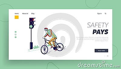 Human Carelessness Landing Page Template. Careless Biker Character Riding Bicycle on City Road Speaking by Smartphone Vector Illustration