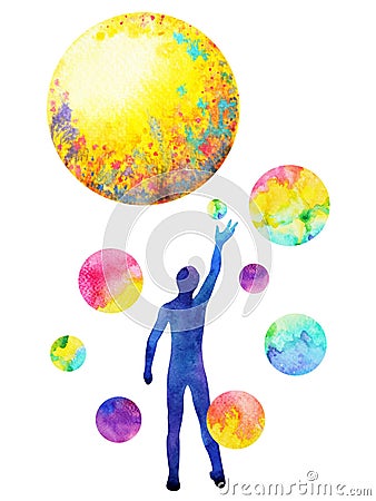 Human catch moon power, inspiration abstract thought, world, universe inside your mind Stock Photo