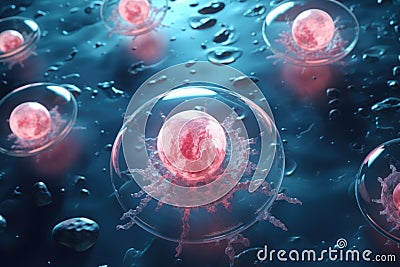 Human cell or Embryonic stem cell, microscope background. Generative AI Cartoon Illustration